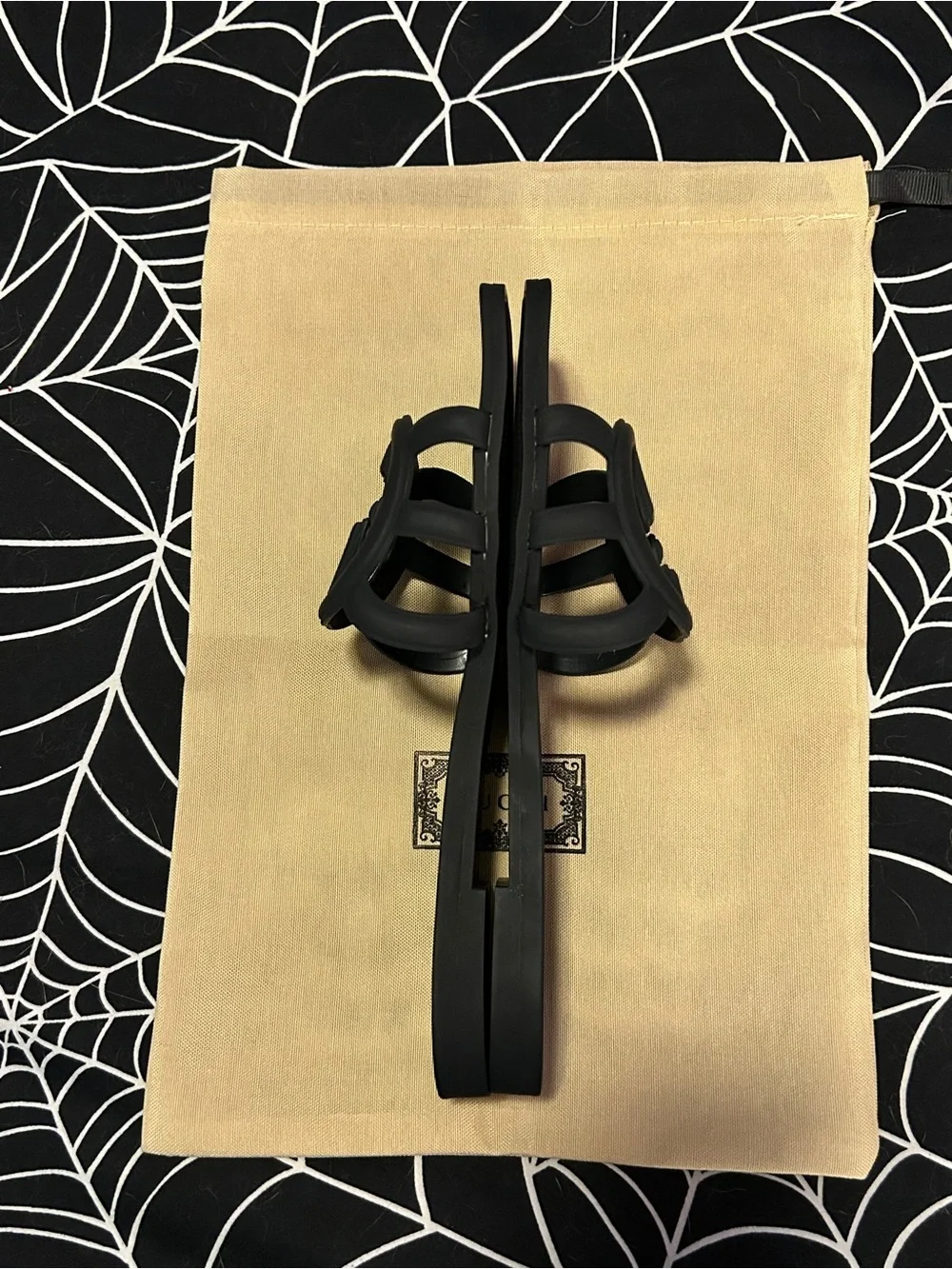 Gucci Black Palma Interlocking GG Rubber Flat Slide Sandals